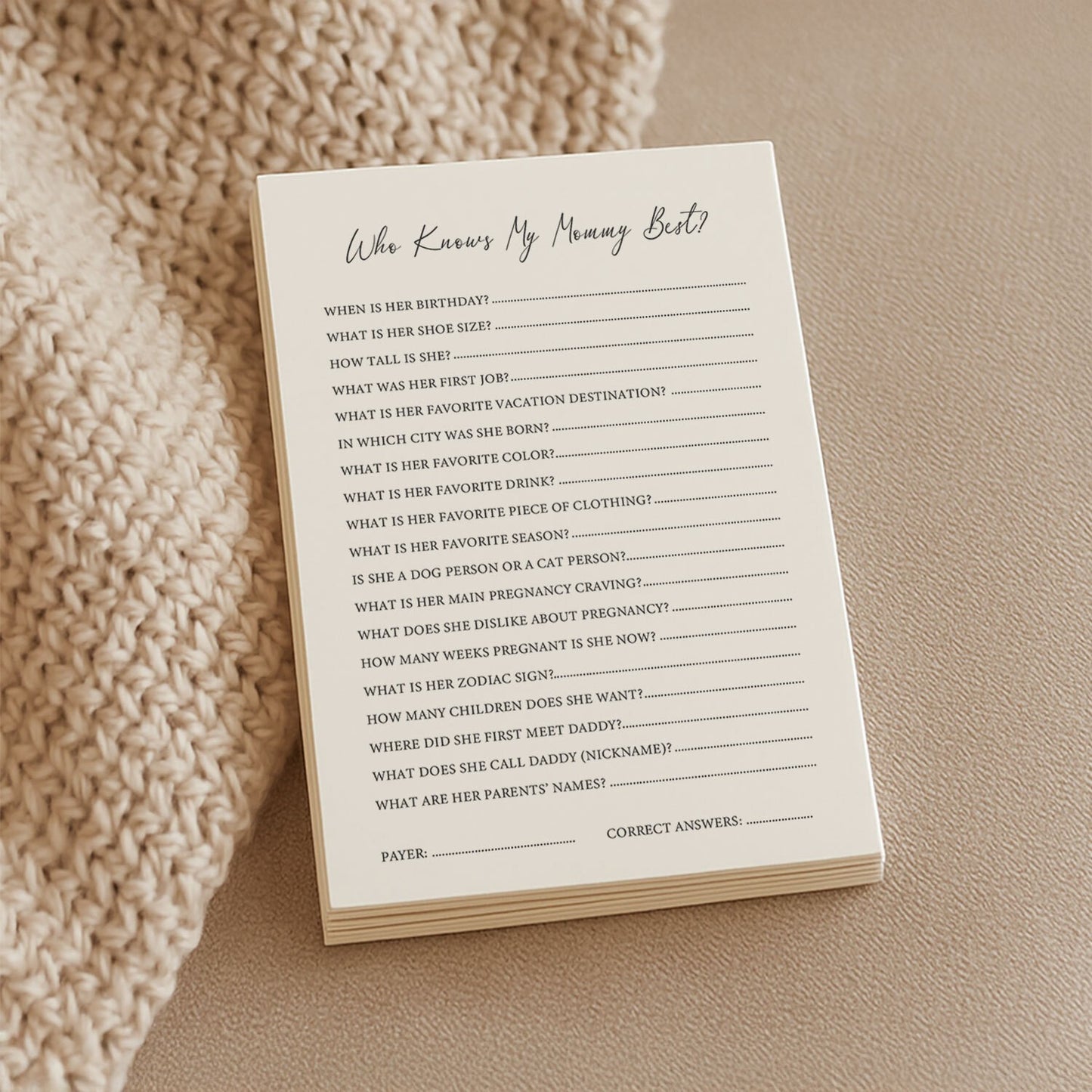 Baby Shower Game Cards - Who Knows Mommy Best