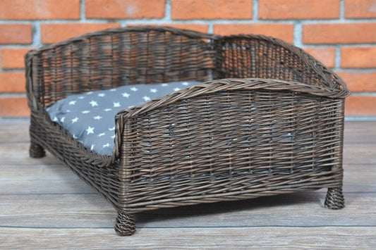 Dark Wicker Pet Bed Alfie With Cushion, 74×52 cm