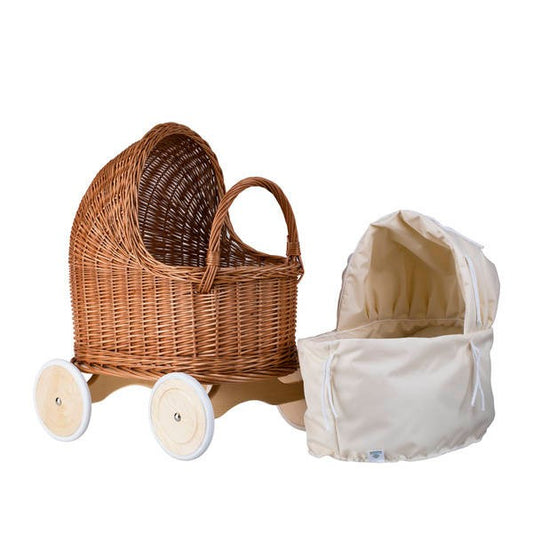 Natural Wicker Doll Pram – Beige Bedding