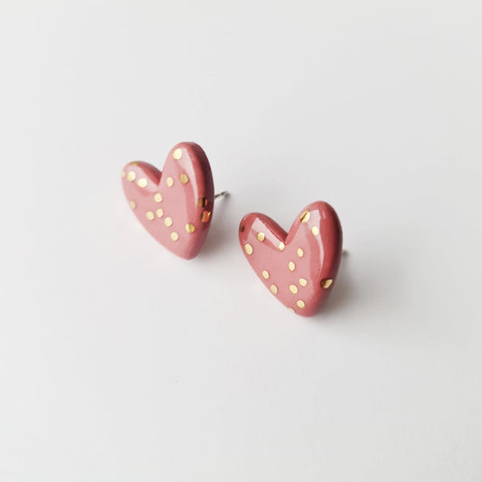Dotted Porcelain Heart Studs - Pink