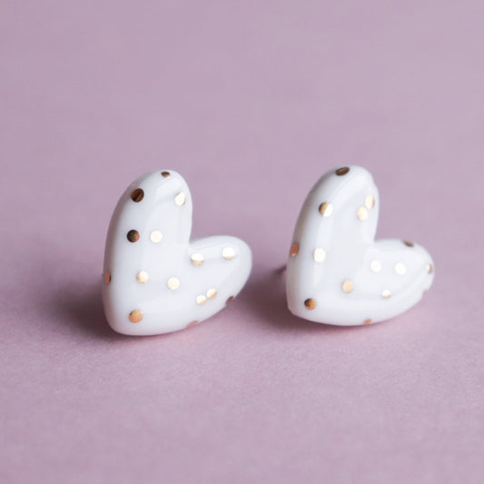 Dotted Porcelain Heart Studs - White
