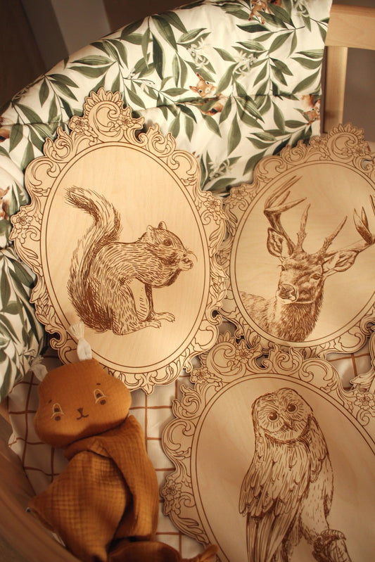 Set of 4 Engraved Forest Animals Pictures with Retro Frame