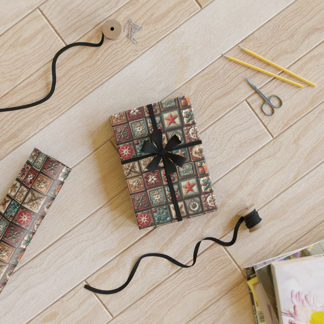 Rustic Holiday Gift Wrap Roll — Vintage Star & Ornament Pattern Premium Christmas wrapping paper