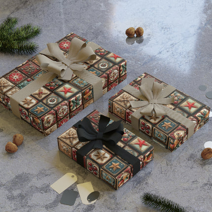 Rustic Holiday Gift Wrap Roll — Vintage Star & Ornament Pattern Premium Christmas wrapping paper