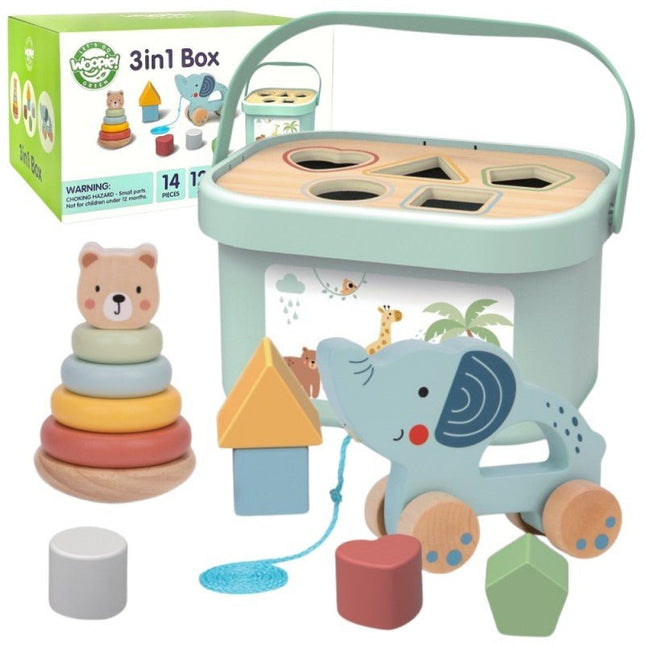 3in1 Toy Box - Sorting Blocks, Stackable Pyramid and Elephant On Wheels - LoveStyle World