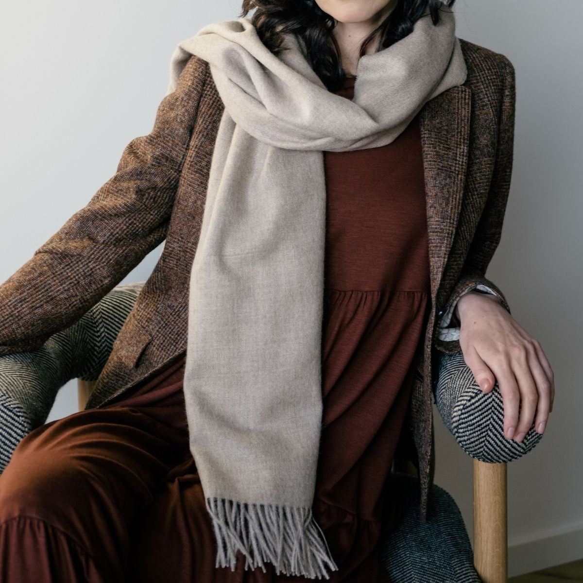 Natural Baby Alpaca Maxi-Scarf with Fringes