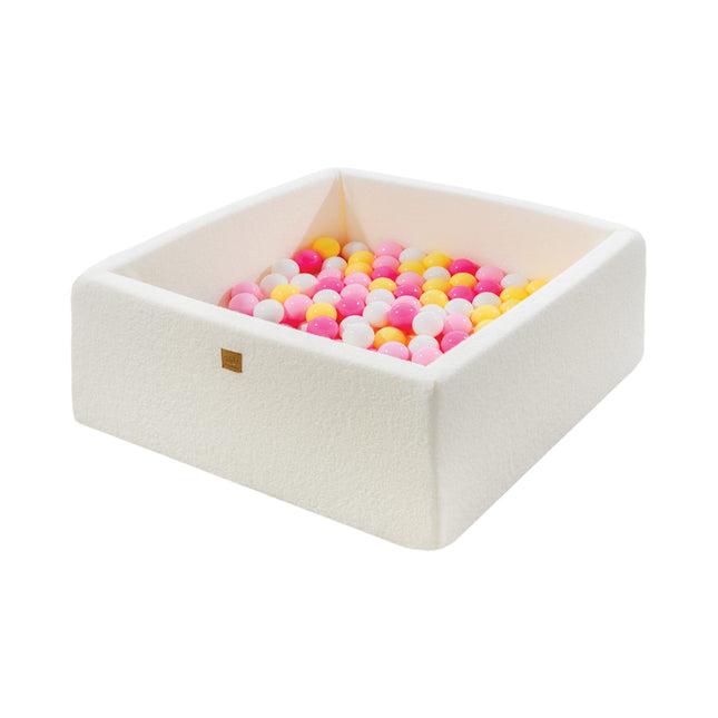 Ball Pit Boucle White Square Balls Pit 90x90x40cm - 200 Pink White Yellow Balls - LoveStyle World