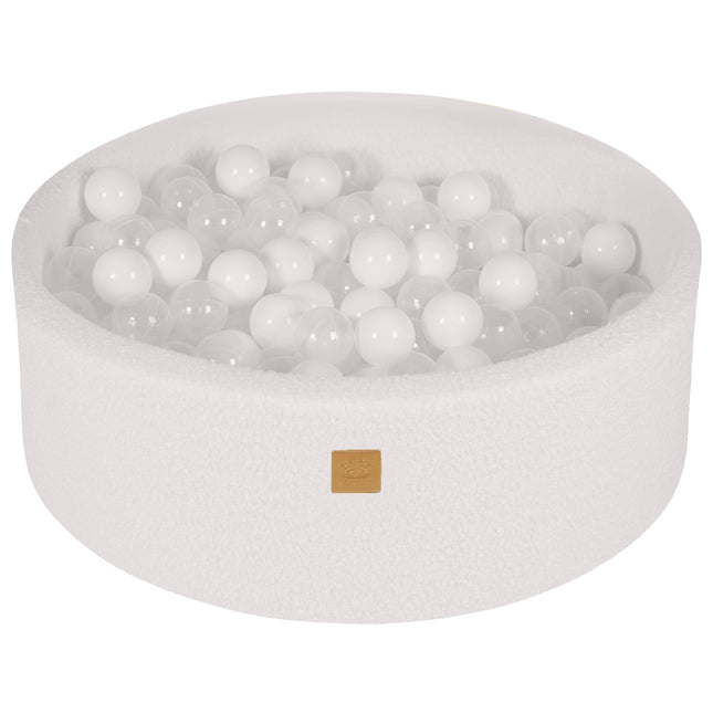 Ball Pit Round With 200 White and Transparent balls, 90x30cm - White Boucle - LoveStyle World