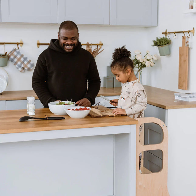 STEP UP Adjustable Height Helper Tower With Support Legs - Natural Wood