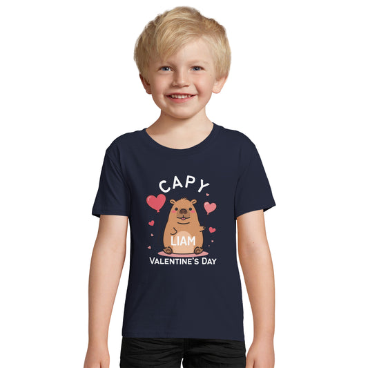 Capy-Bara Valentine's Day Kids Organic T-shirt Personalized Name Cute
