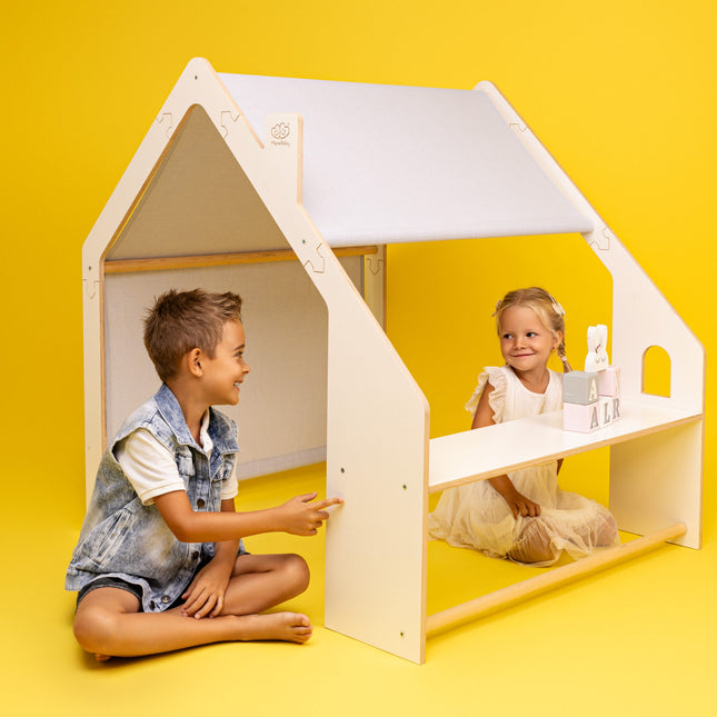 House in Natural Wood for Kids - Blue Roof - LoveStyle World