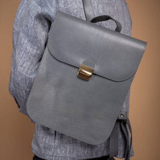 Natural Leather Saddle Backpack - Grey