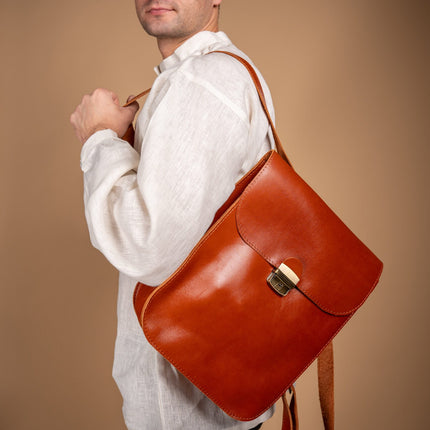 Natural Leather Saddle Backpack - Light Brown