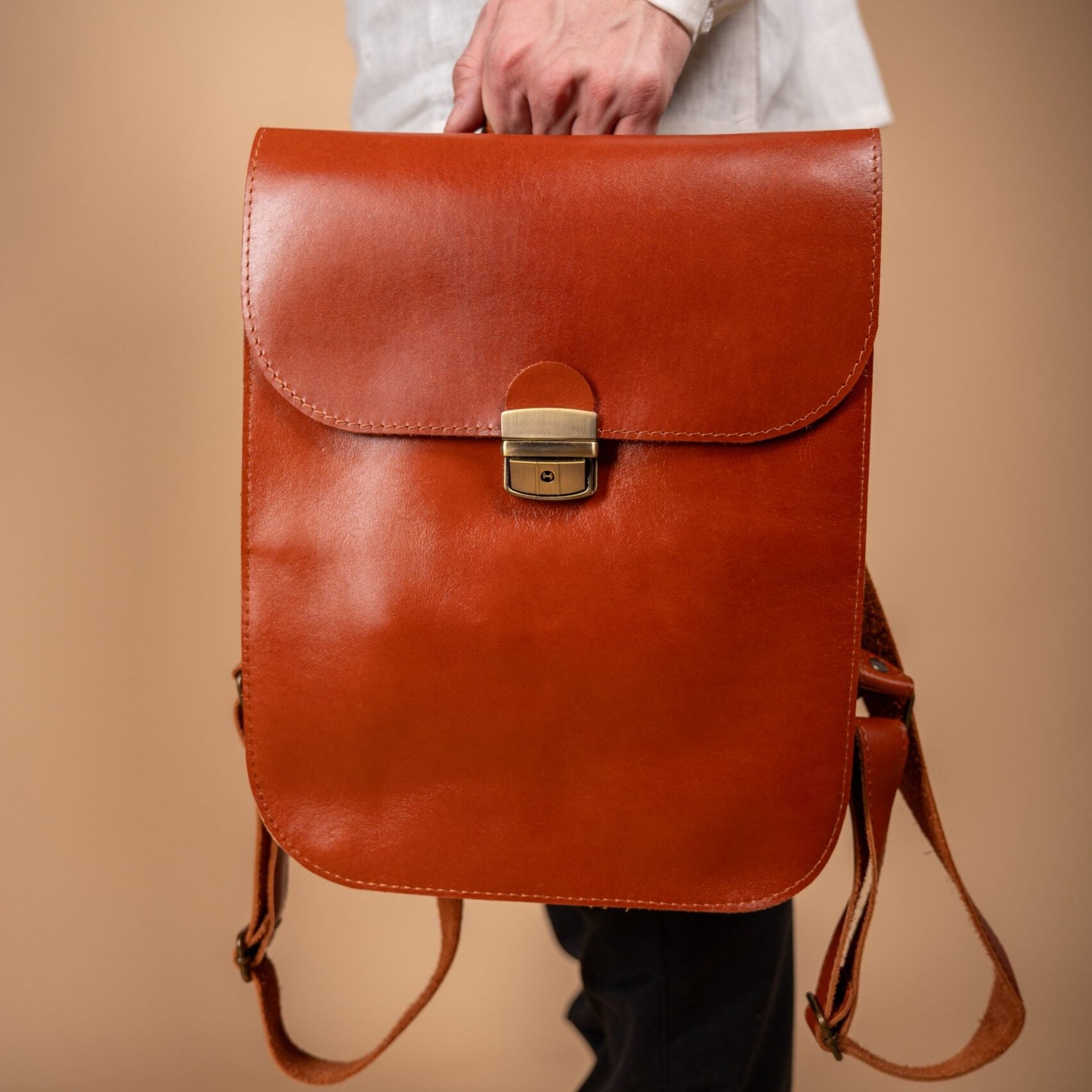 Natural Leather Saddle Backpack - Light Brown