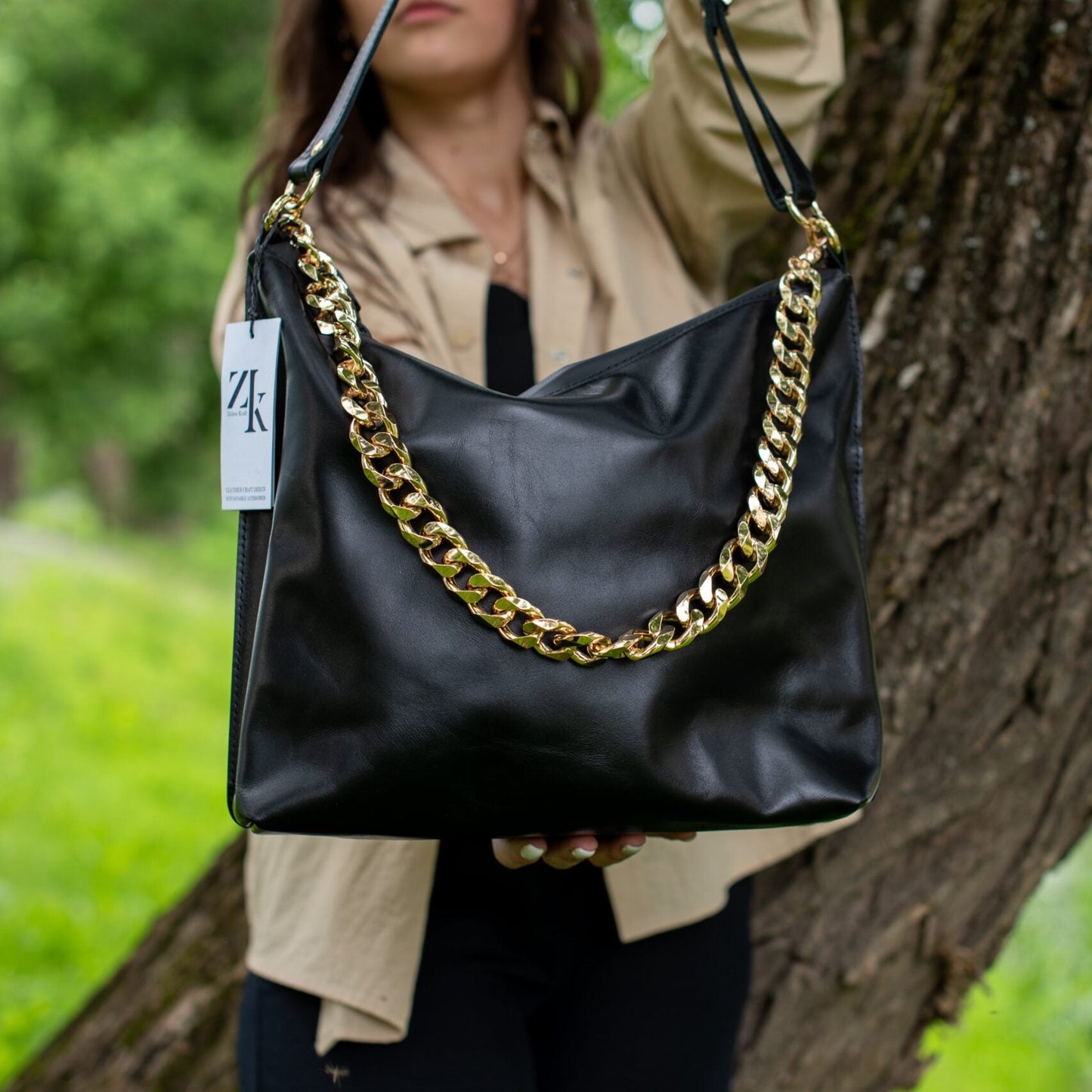 Black Leather Hobo Bag - Large