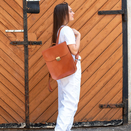 Natural Leather Saddle Backpack - Light Brown