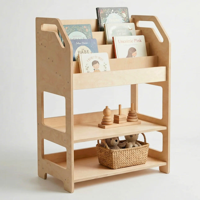 Montessori Wooden Book Display with Storage Shelf For Kids