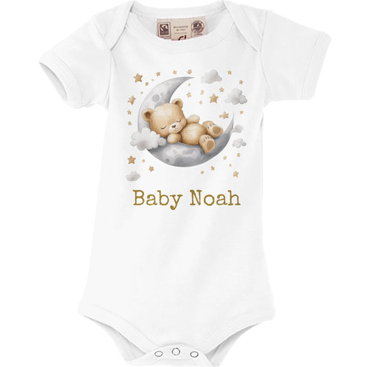 Personalized 100% Organic Cotton Sleepy Bear Baby Short Sleeve Bodysuit