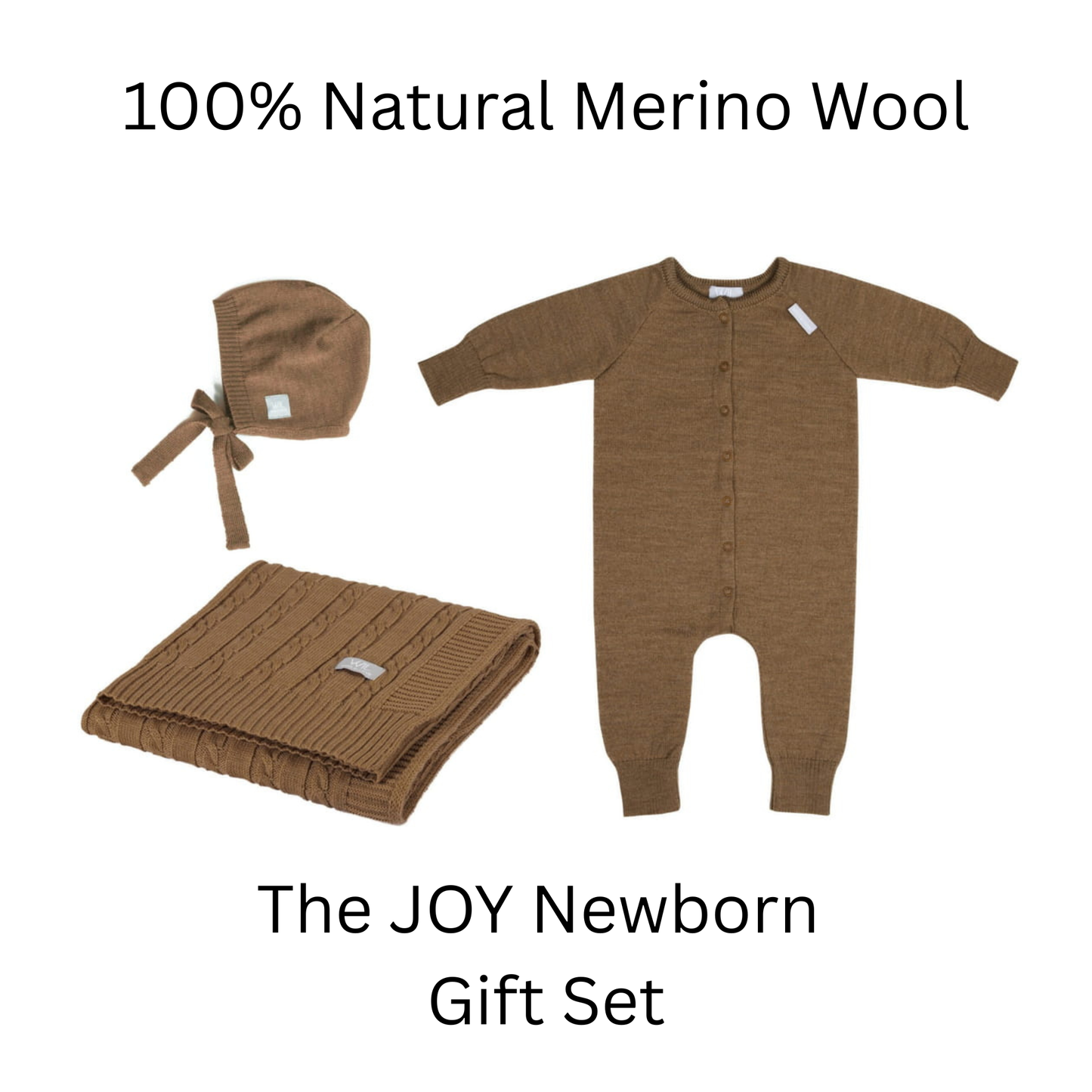 The JOY Newborn Gift Set - 100% Natural Merino Wool - Romper, Bonnet and Blanket
