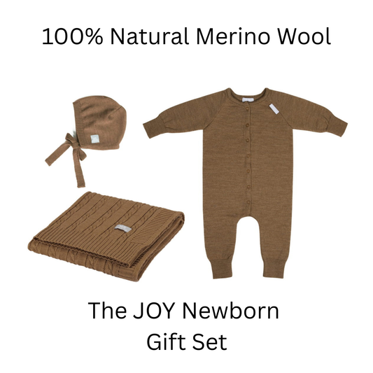 The JOY Newborn Gift Set - 100% Natural Merino Wool - Romper, Bonnet and Blanket