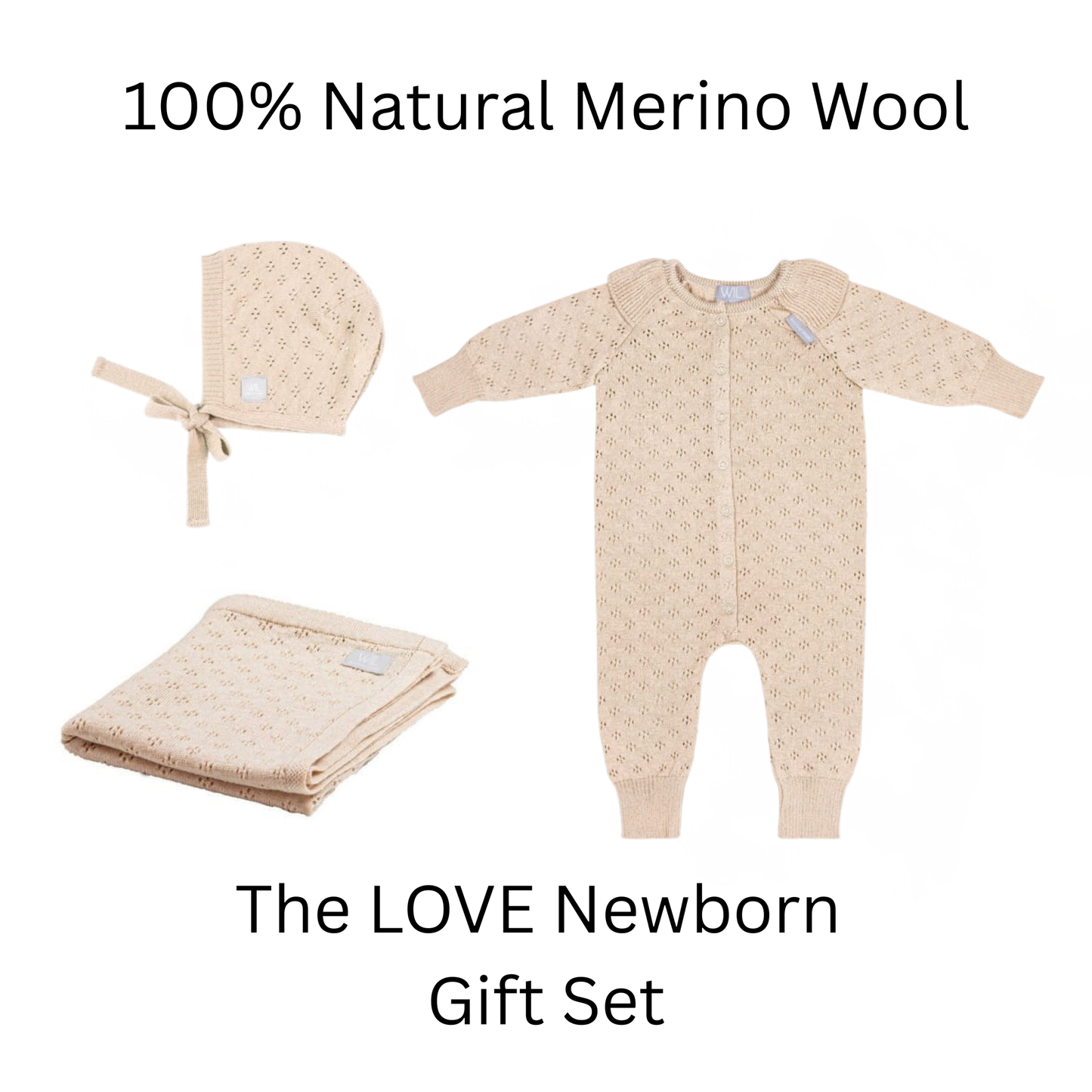 The LOVE Newborn Gift Set - 100% Natural Merino Wool - Blanket, Romper and Bonnet