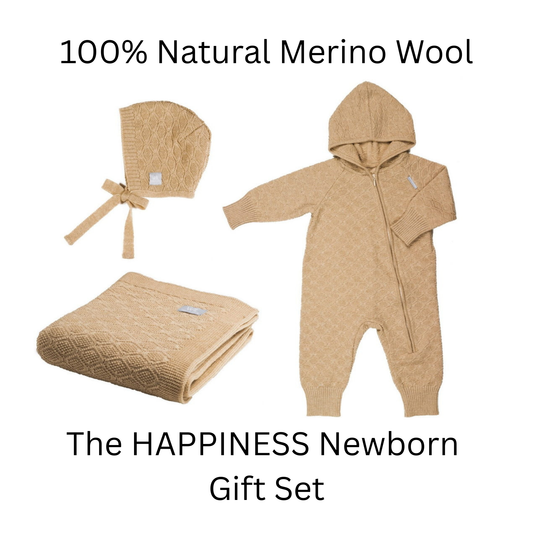 The HAPPINESS Newborn Gift Set - 100% Natural Merino Wool - Romper, Bonnet and Blanket