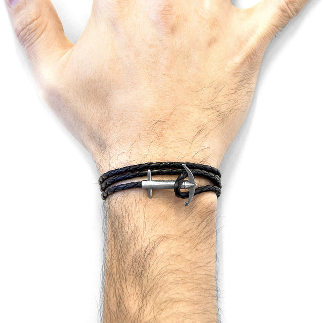 Admiral Anchor Silver and Braided Leather Bracelet - Coal Black - LoveStyle World