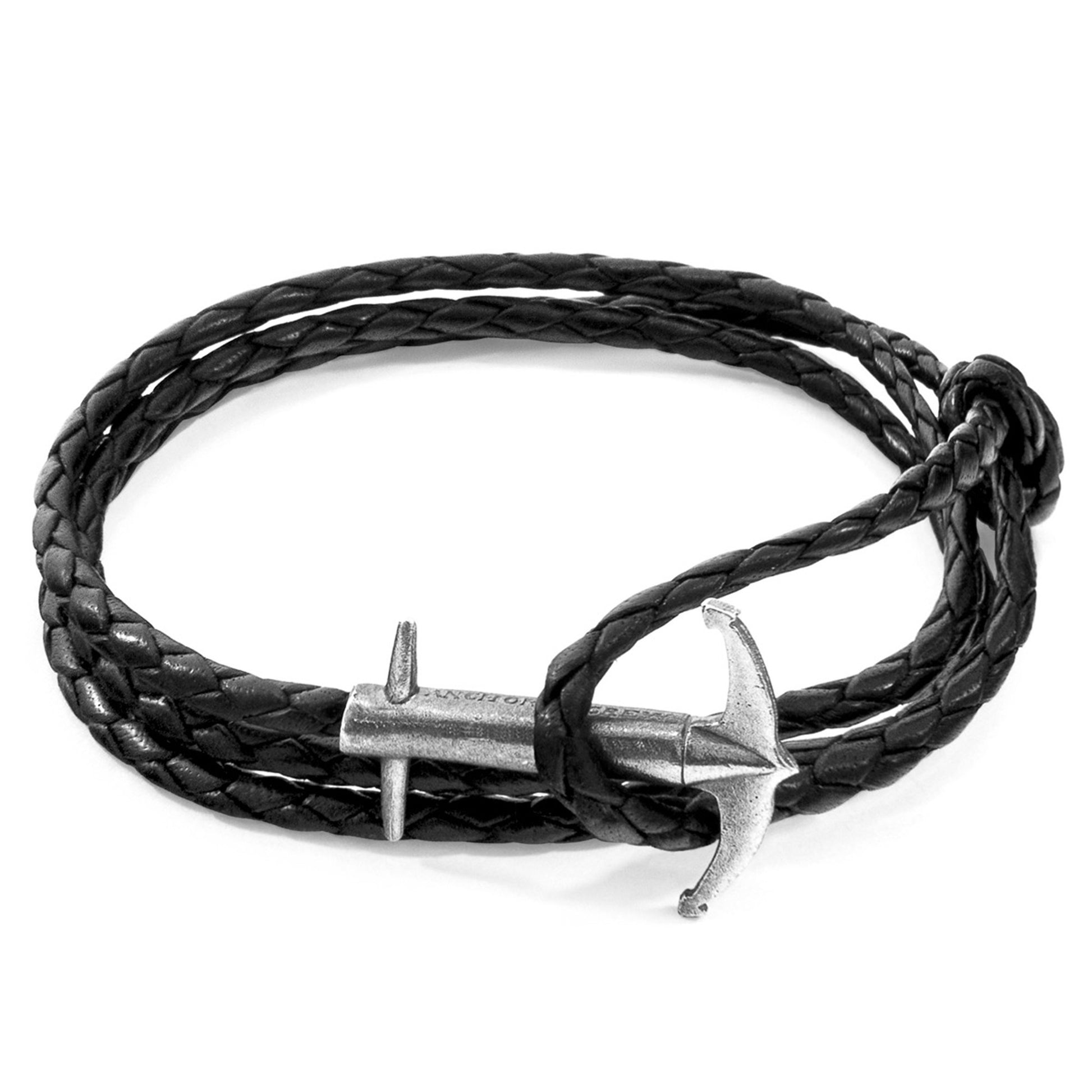 Admiral Anchor Silver and Braided Leather Bracelet - Coal Black