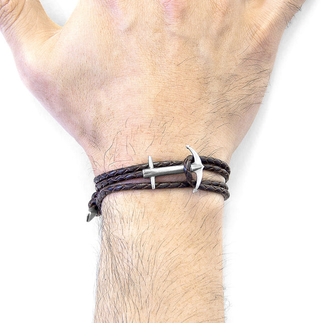 Admiral Anchor Silver and Braided Leather Bracelet - Dark Brown - LoveStyle World