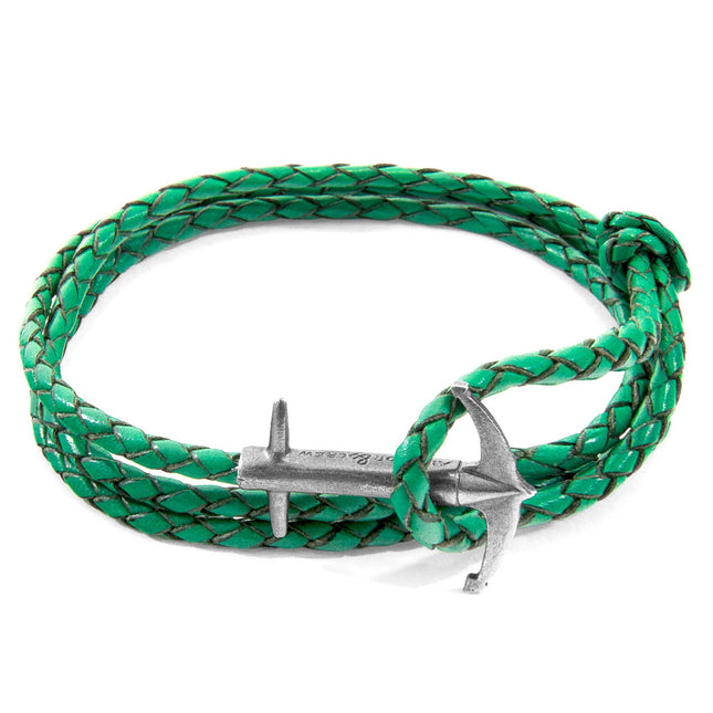 Admiral Anchor Silver and Braided Leather Bracelet - Fern Green - LoveStyle World