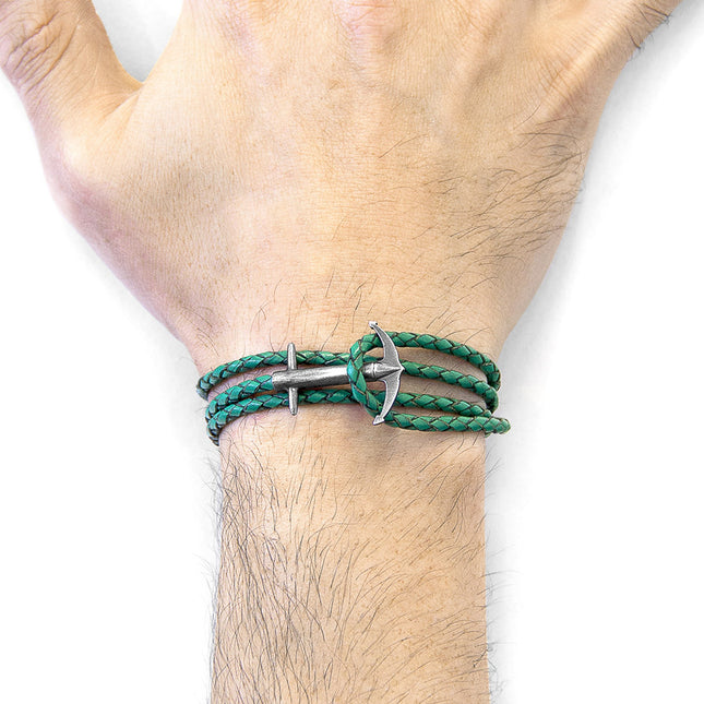Admiral Anchor Silver and Braided Leather Bracelet - Fern Green - LoveStyle World