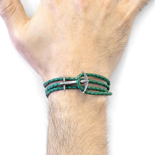 Admiral Anchor Silver and Braided Leather Bracelet - Fern Green