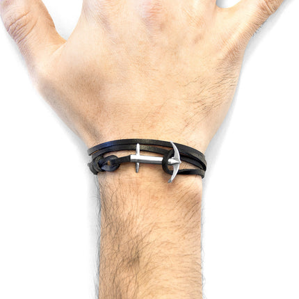 Admiral Anchor Silver and Flat Leather Bracelet - Coal Black