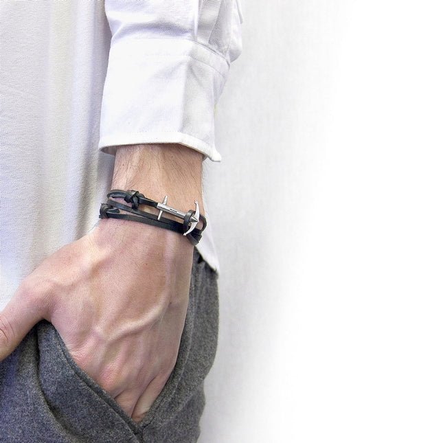 Admiral Anchor Silver and Flat Leather Bracelet - Coal Black - LoveStyle World