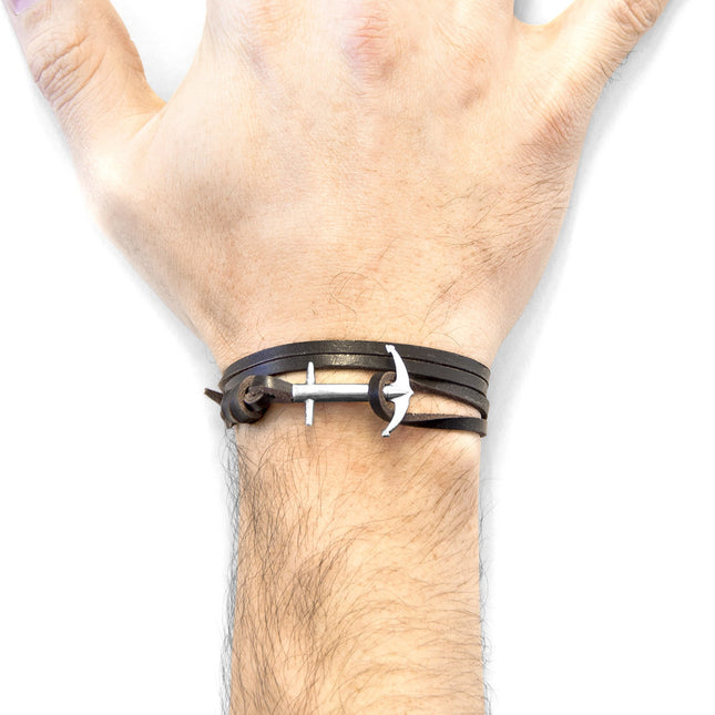 Admiral Anchor Silver and Flat Leather Bracelet - Dark Brown - LoveStyle World