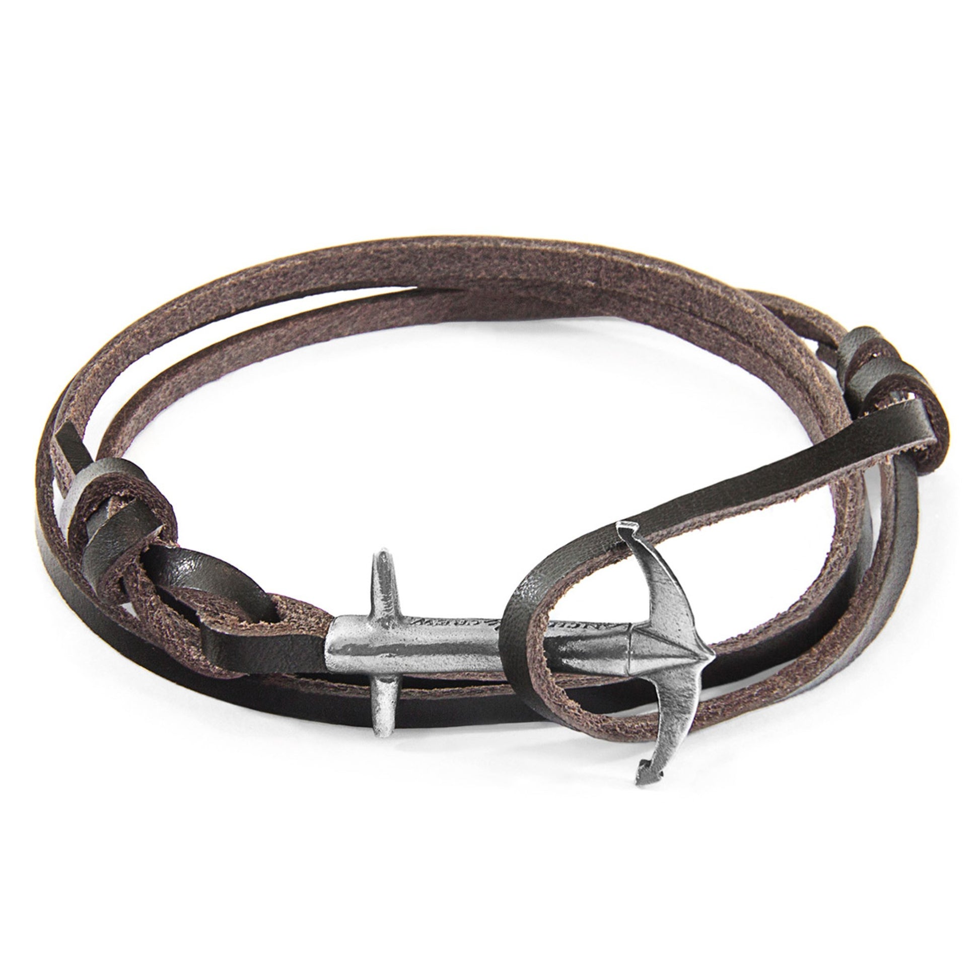 Admiral Anchor Silver and Flat Leather Bracelet - Dark Brown