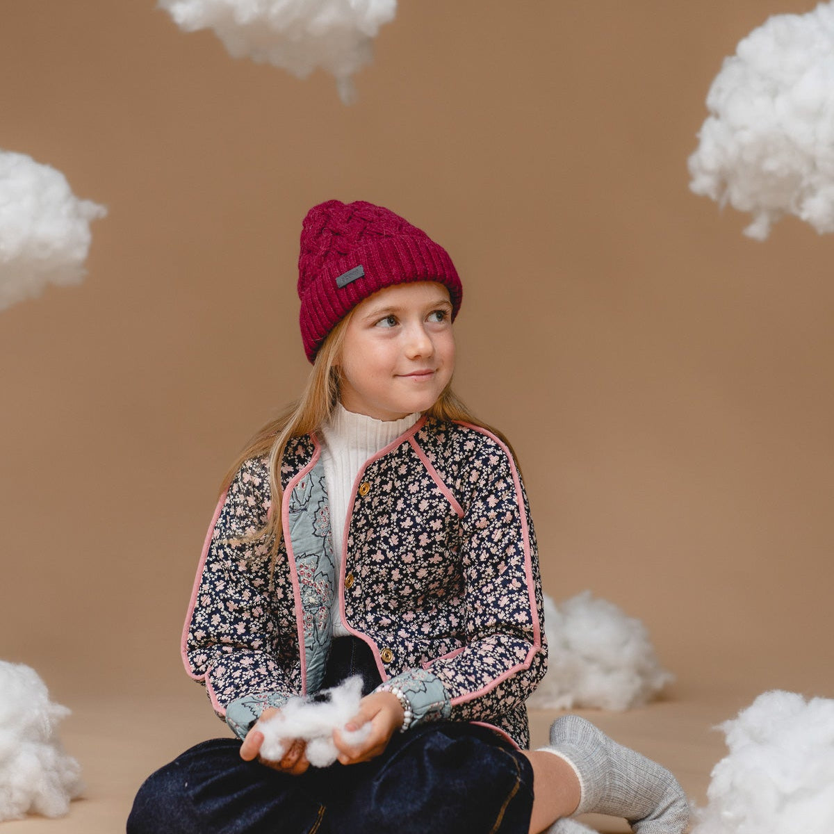 100% Baby Alpaca Cable Hat for Kids - Mulberry