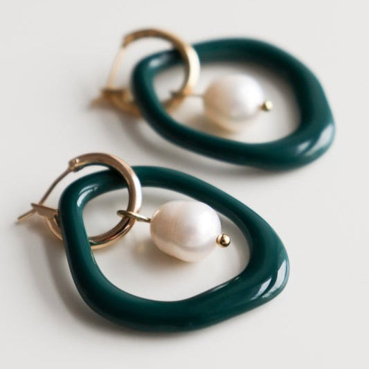 Arp Pearl and Porcelain Hoops - Dark Green