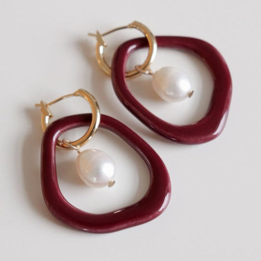 Arp Pearl and Porcelain Hoops- Burgundy