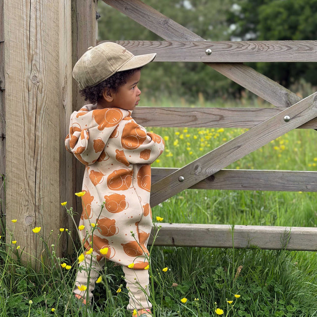 Baby Jumpsuit with Hood - Bear in Glasses on Beige