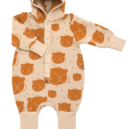 Baby Jumpsuit with Hood - Bear in Glasses on Beige