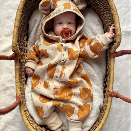Baby Jumpsuit with Hood - Bear in Glasses on Beige