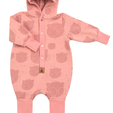 Baby Jumpsuit with Hood - Bear in Glasses on Peach Print