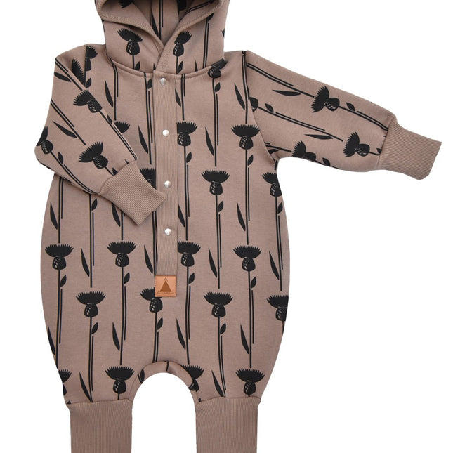 Baby Jumpsuit with Hood - Thistle on Brown