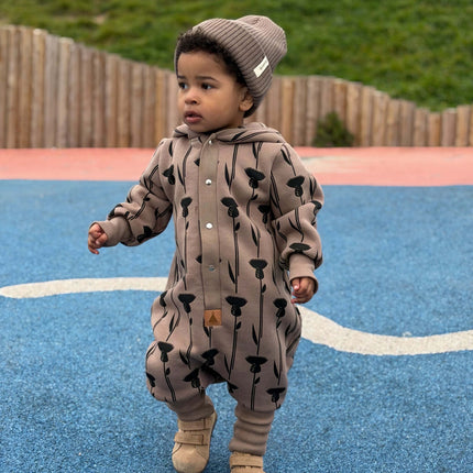 Baby Jumpsuit with Hood - Thistle on Brown