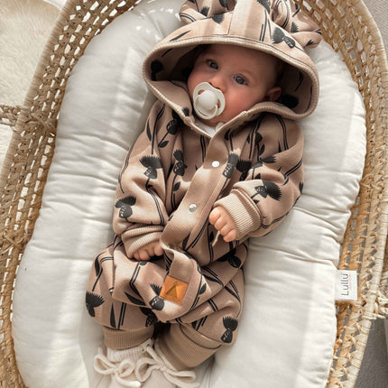 Baby Jumpsuit with Hood - Thistle on Brown