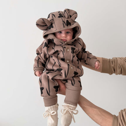 Baby Jumpsuit with Hood - Thistle on Brown