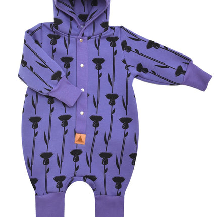 Baby Jumpsuit with Hood - Thistle on Purple