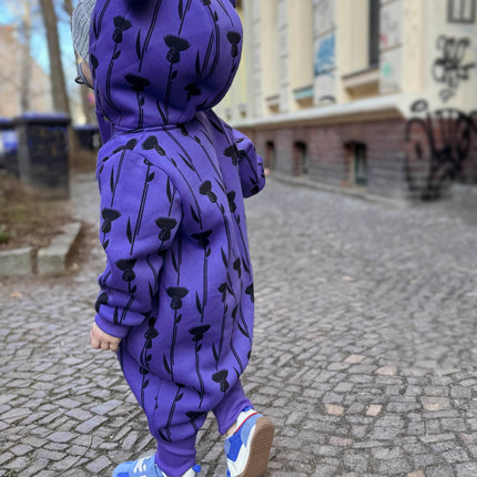 Baby Jumpsuit with Hood - Thistle on Purple