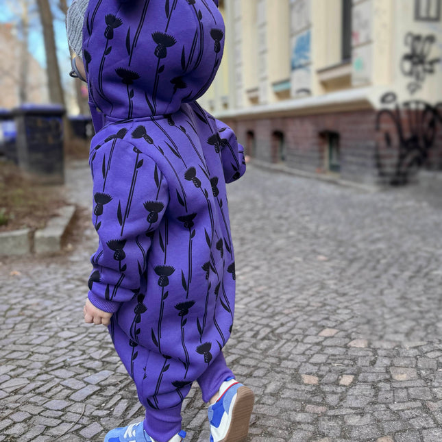 Baby Jumpsuit with Hood - Thistle on Purple
